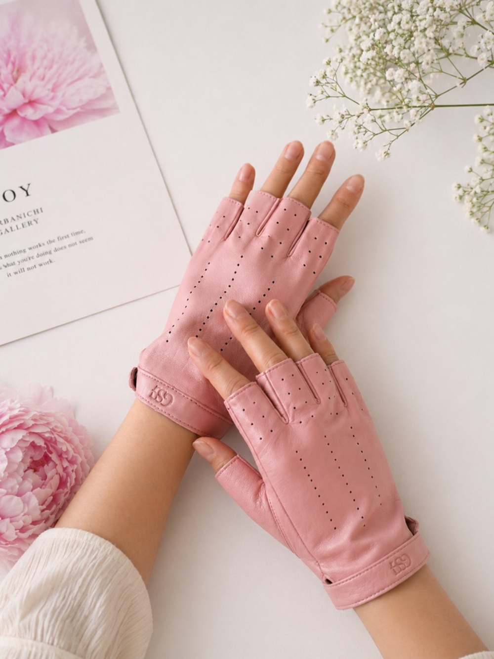Pink Genuine Leather Fingerless Driving Gloves Size L NEW
